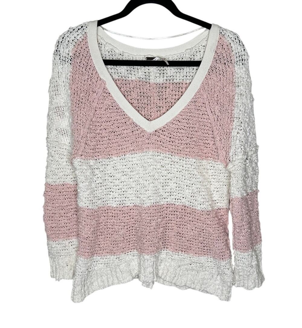 Free People Songbird Sweater Women XS Pink White Chunky Rugby Stripe V-Neck Knit